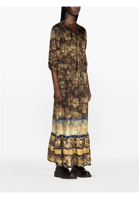 brown silk all-over floral print dress featuring front tie fastening PIERRE LOUIS MASCIA | ALOE/S-AB11925510056/101